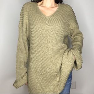 Tan V neck Chunky Knit Oversized Sweater